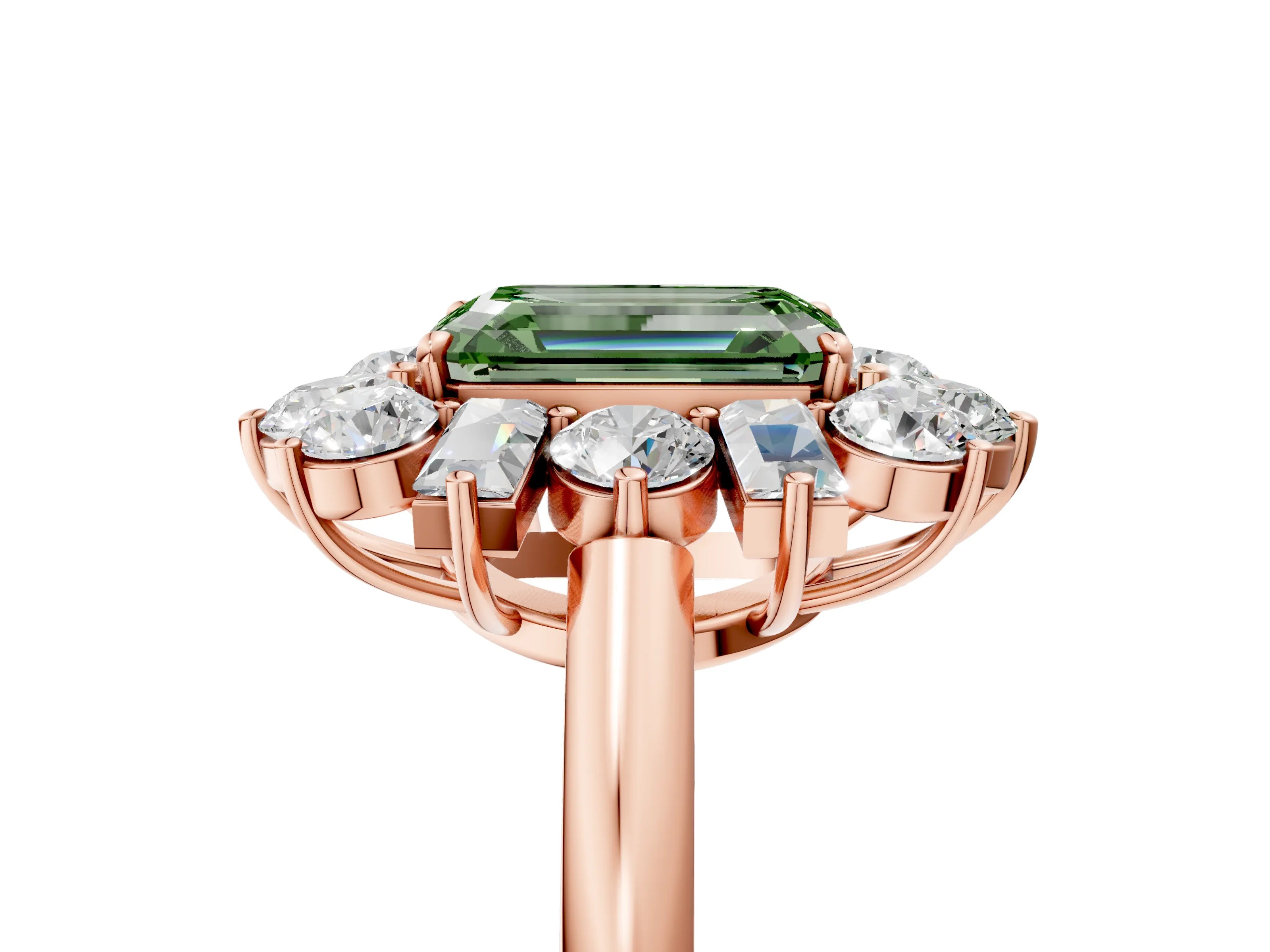Rose gold Fancy Green Emerald Cut Diamond Cluster Ring with Round and Baguette Stones, Split Shank Band, Prong Setting_5