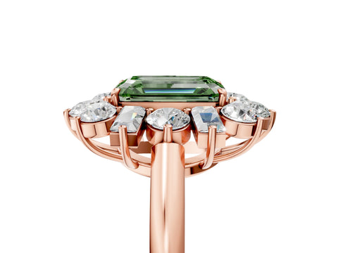 Rose gold Fancy Green Emerald Cut Diamond Cluster Ring with Round and Baguette Stones, Split Shank Band, Prong Setting_5