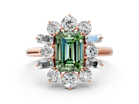 Rose gold Fancy Green Emerald Cut Diamond Cluster Ring with Round and Baguette Stones, Split Shank Band, Prong Setting