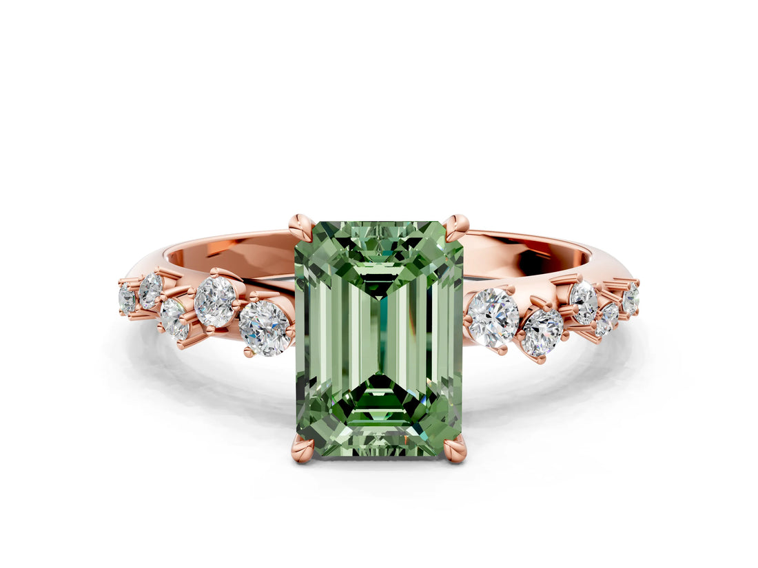 Rose gold Fancy Green Emerald Cut Diamond Cluster Side Stone Solitaire Ring with Prong Setting_53