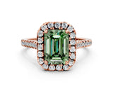 Rose gold Fancy Green Emerald Cut Diamond Cushion Halo Ring with Pavé Band