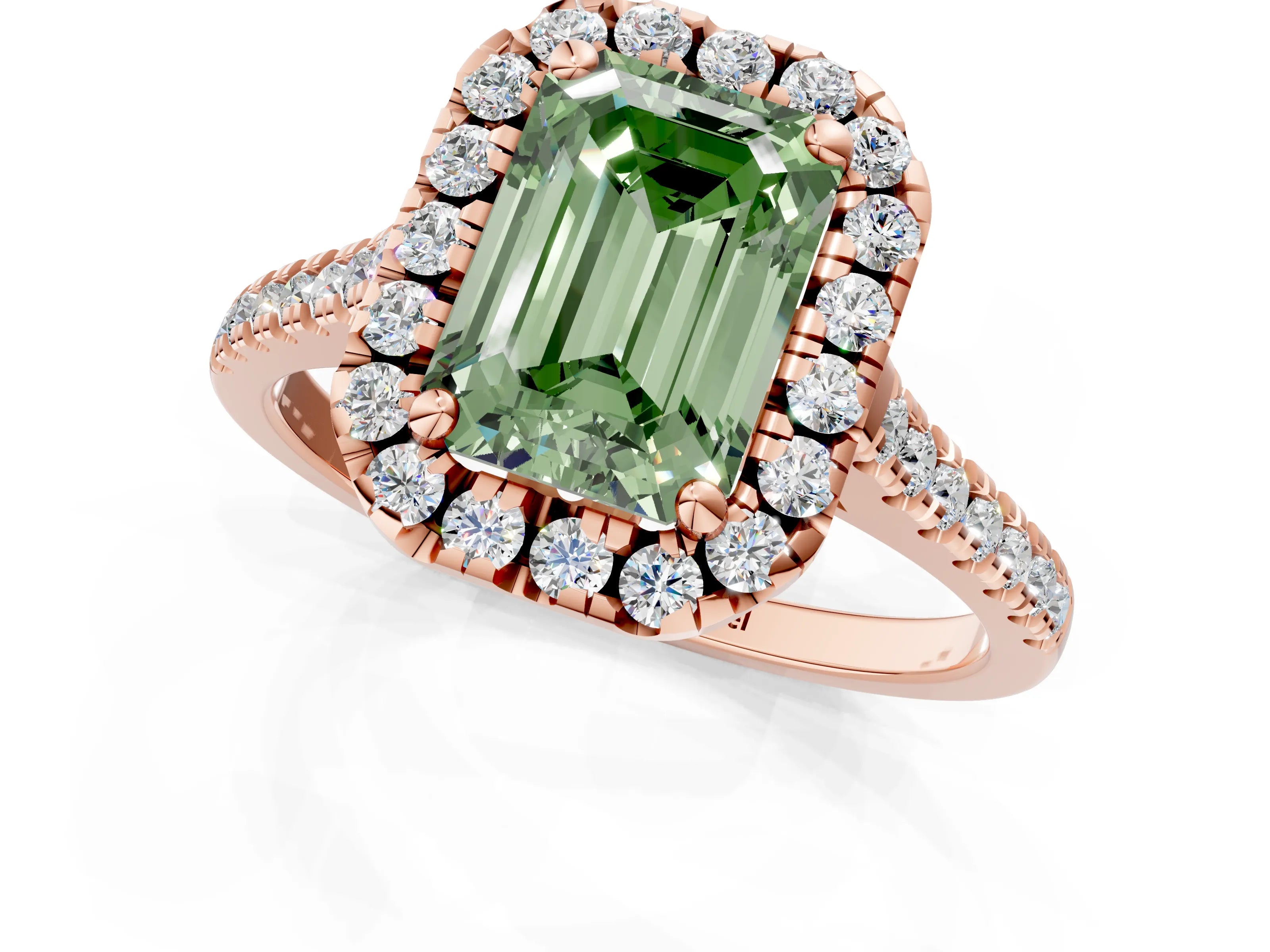 Rose gold Fancy Green Emerald Cut Diamond Cushion Halo Ring with Pavé Band_1