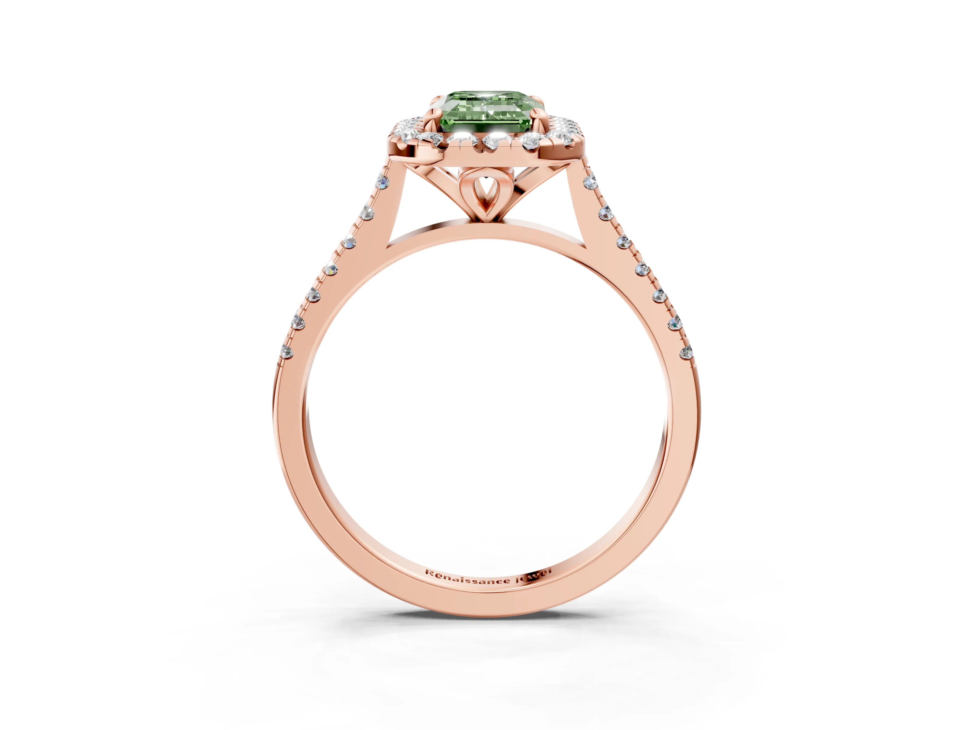 Rose gold Fancy Green Emerald Cut Diamond Cushion Halo Ring with Pavé Band_3