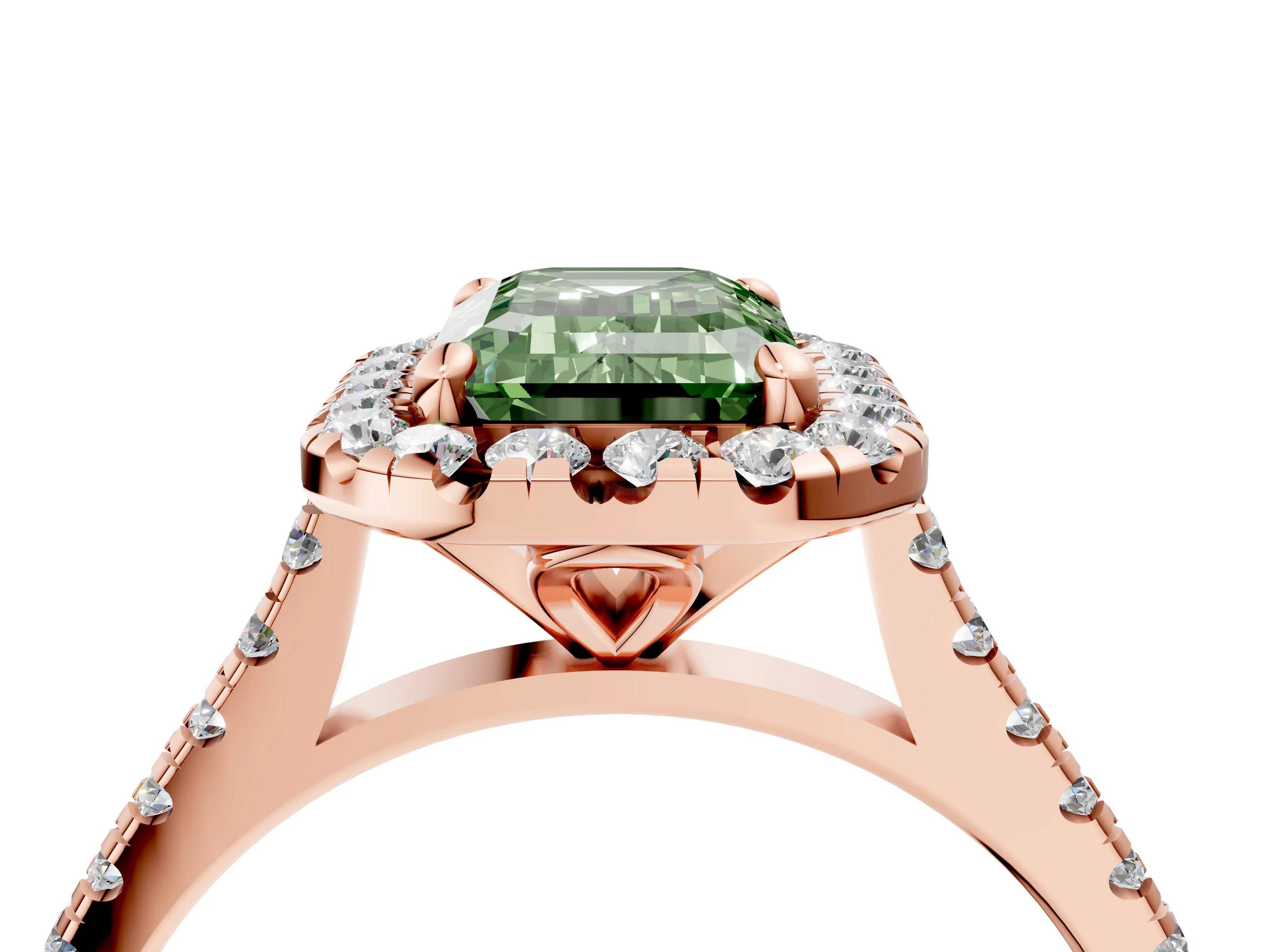 Rose gold Fancy Green Emerald Cut Diamond Cushion Halo Ring with Pavé Band_4