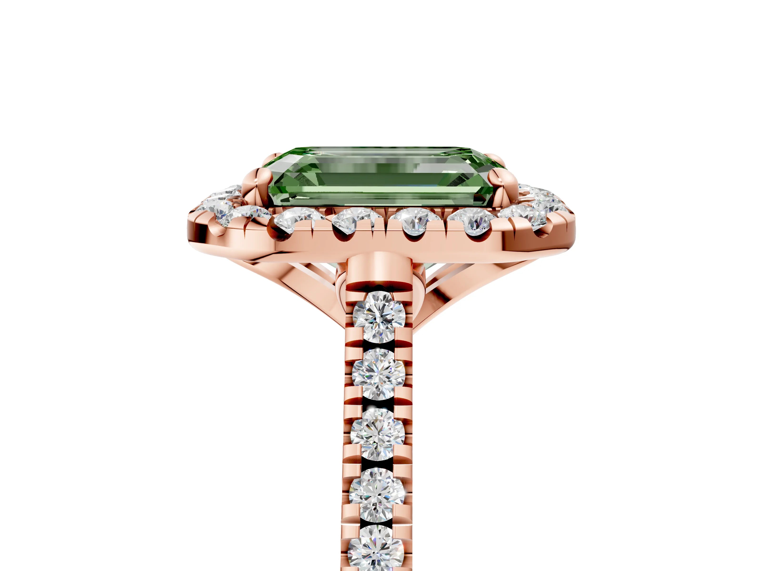 Rose gold Fancy Green Emerald Cut Diamond Cushion Halo Ring with Pavé Band_5