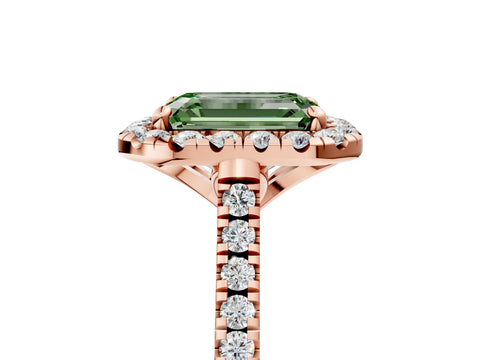 Rose gold Fancy Green Emerald Cut Diamond Cushion Halo Ring with Pavé Band_5