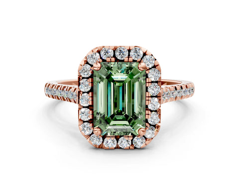 Rose gold Fancy Green Emerald Cut Diamond Cushion Halo Ring with Pavé Band