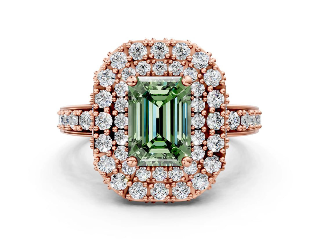 Rose gold Fancy Green Emerald Cut Diamond Double Halo Ring with Pavé Band and Four-Prong Setting