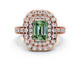 Rose gold Fancy Green Emerald Cut Diamond Double Halo Ring with Pavé Band and Four-Prong Setting