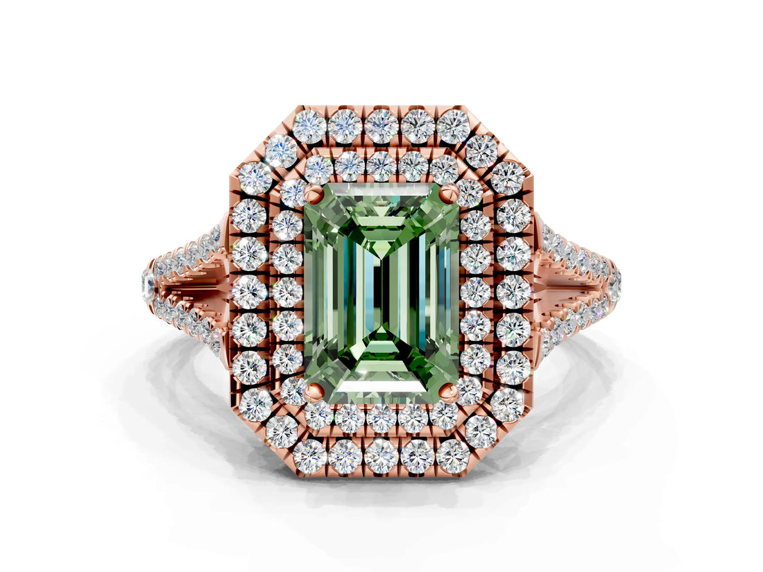 Rose gold Fancy Green Emerald Cut Diamond Double Halo Ring with Pavé Band and Prong Setting_92