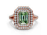 Rose gold Fancy Green Emerald Cut Diamond Double Halo Ring with Pavé Band and Prong Setting_92