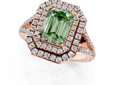 Rose gold Fancy Green Emerald Cut Diamond Double Halo Ring with Pavé Band and Prong Setting_93