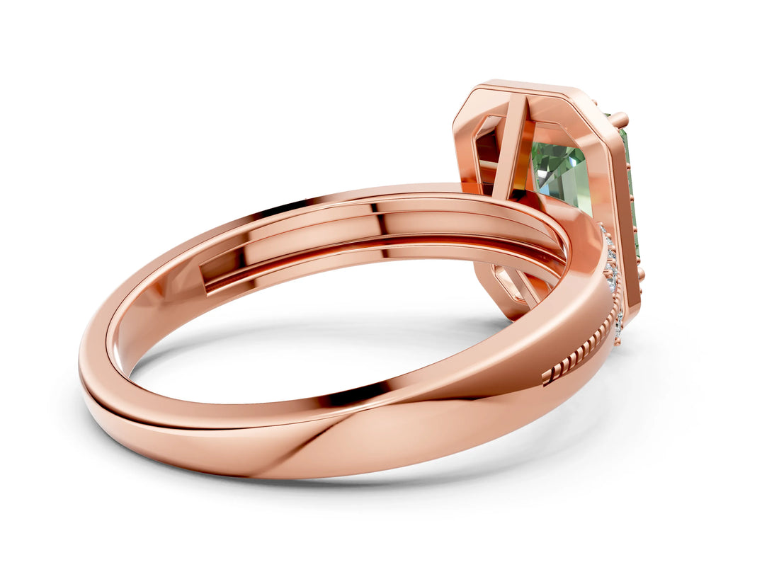 Rose gold Fancy Green Emerald Cut Diamond Double Halo Ring with Split Shank and Four-Prong Setting