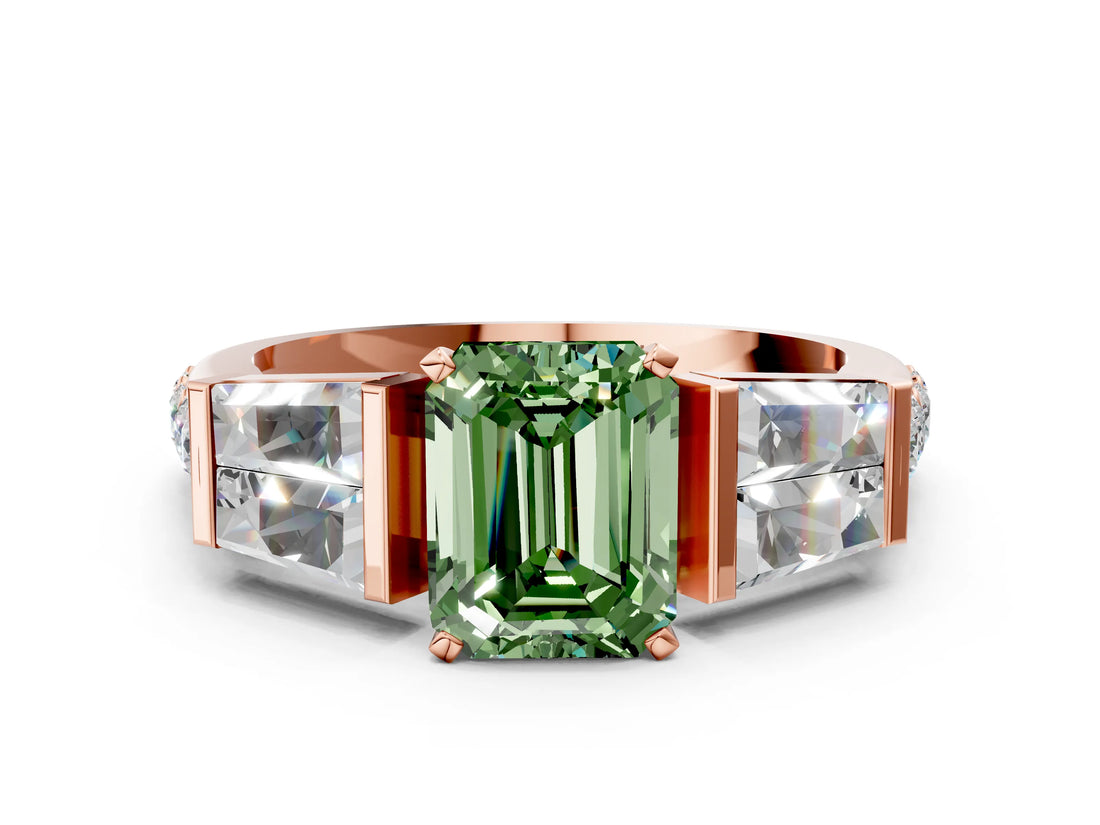 Rose gold Fancy Green Emerald Cut Diamond Engagement Ring with Baguette Side Stones and Channel Set Band_20