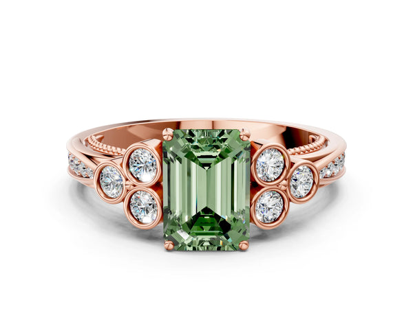 Rose gold Fancy Green Emerald  Cut Diamond Engagement Ring with Bezel Set Round Side Stones and Prong Setting
