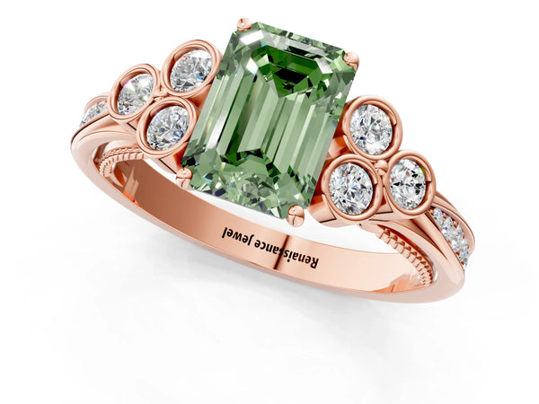 Rose gold Fancy Green Emerald  Cut Diamond Engagement Ring with Bezel Set Round Side Stones and Prong Setting