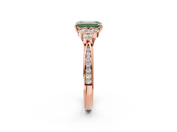 Rose gold Fancy Green Emerald  Cut Diamond Engagement Ring with Bezel Set Round Side Stones and Prong Setting