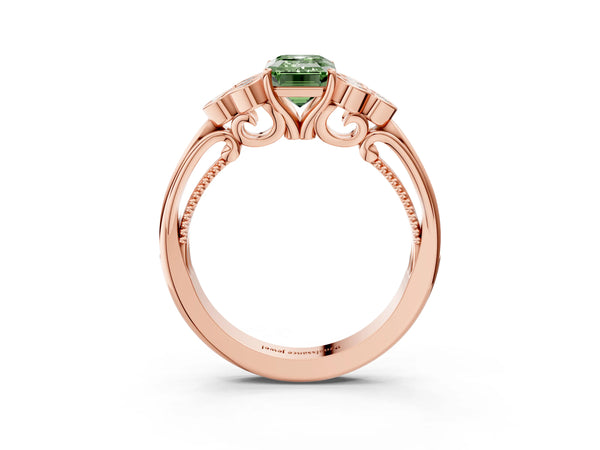 Rose gold Fancy Green Emerald  Cut Diamond Engagement Ring with Bezel Set Round Side Stones and Prong Setting