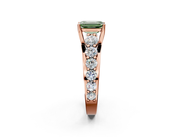 Rose gold Fancy Green Emerald Cut Diamond Engagement Ring with Pavé Band and Four-Prong Setting