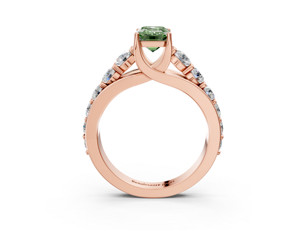 Rose gold Fancy Green Emerald Cut Diamond Engagement Ring with Pavé Band and Four-Prong Setting