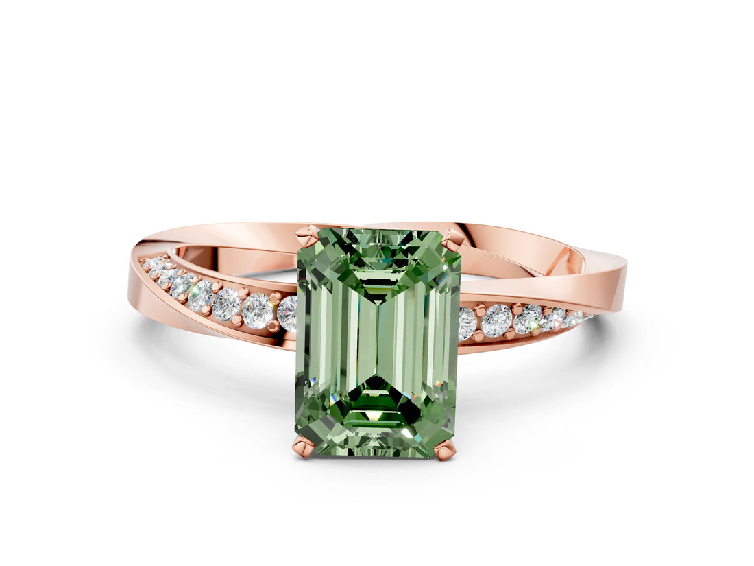 Rose gold Fancy Green Emerald Cut Diamond Engagement Ring with Side Stone Accents and Four-Prong Setting_72