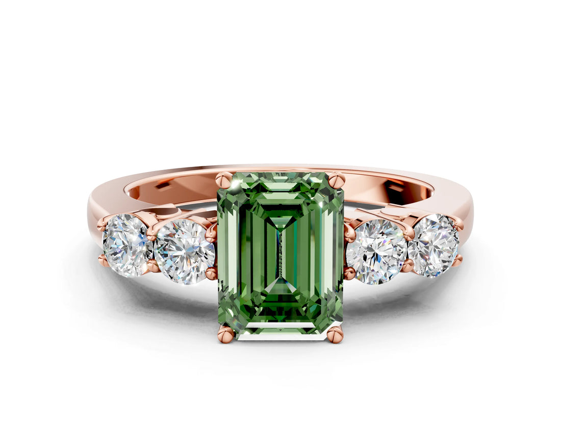 Rose gold Fancy Green Emerald  Cut Diamond Five-Stone Prong Set White Gold Ring_32