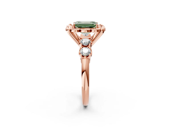 Rose gold Fancy Green Emerald  Cut Diamond Floral Halo Engagement Ring with Shared Prong Setting