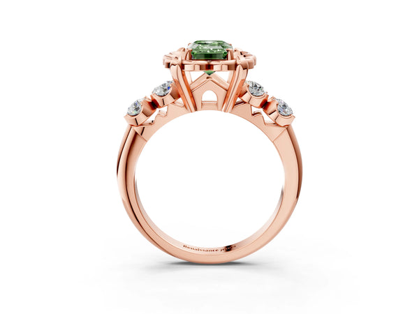 Rose gold Fancy Green Emerald  Cut Diamond Floral Halo Engagement Ring with Shared Prong Setting