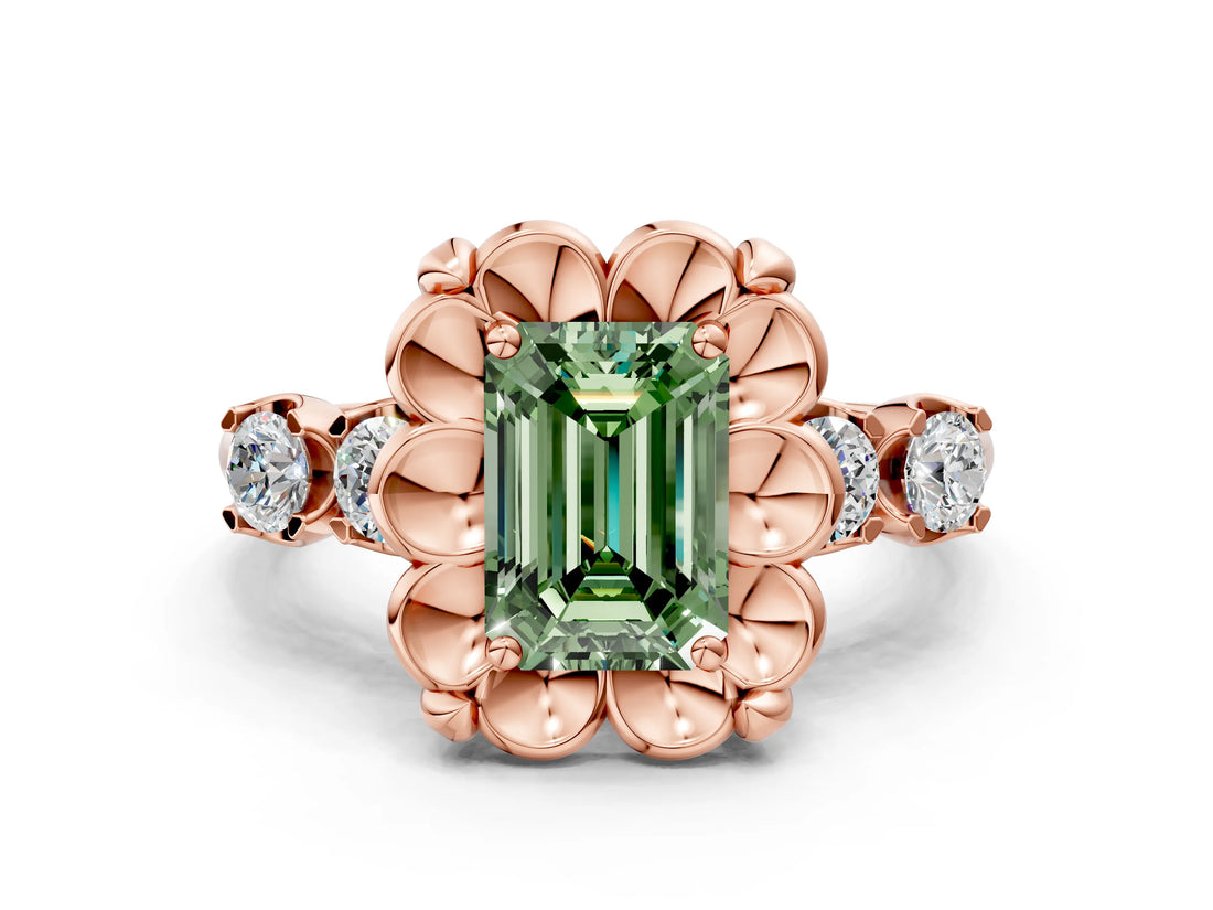Rose gold Fancy Green Emerald  Cut Diamond Floral Halo Engagement Ring with Shared Prong Setting