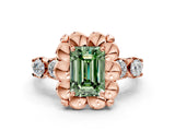 Rose gold Fancy Green Emerald  Cut Diamond Floral Halo Engagement Ring with Shared Prong Setting
