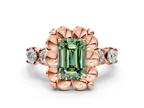 Rose gold Fancy Green Emerald  Cut Diamond Floral Halo Engagement Ring with Shared Prong Setting
