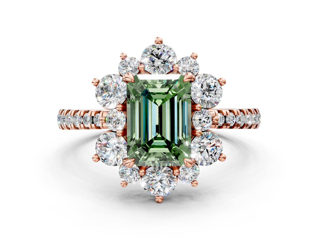 Rose gold Fancy Green Emerald  Cut Diamond Floral Halo Pave Band with Prong Setting_37