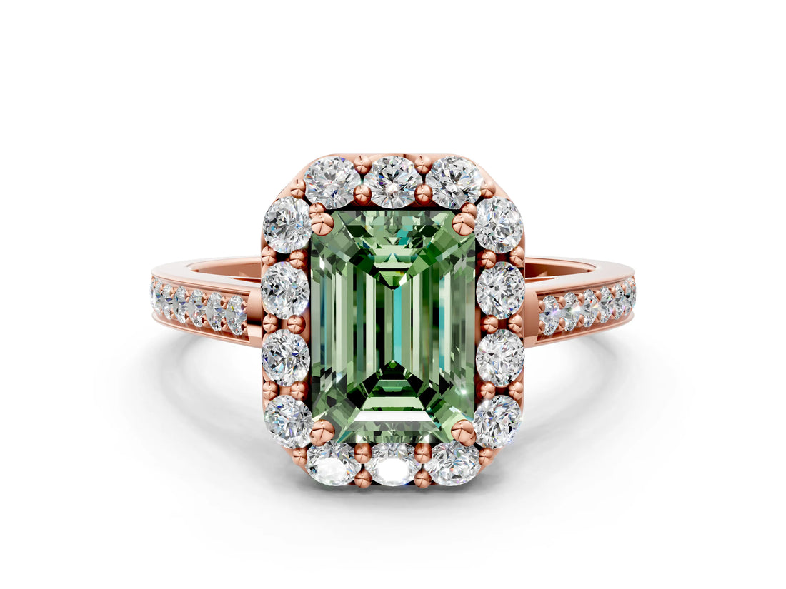 Rose gold Fancy Green Emerald Cut Diamond Floral Halo Ring with Pavé Band and Prong Setting_3