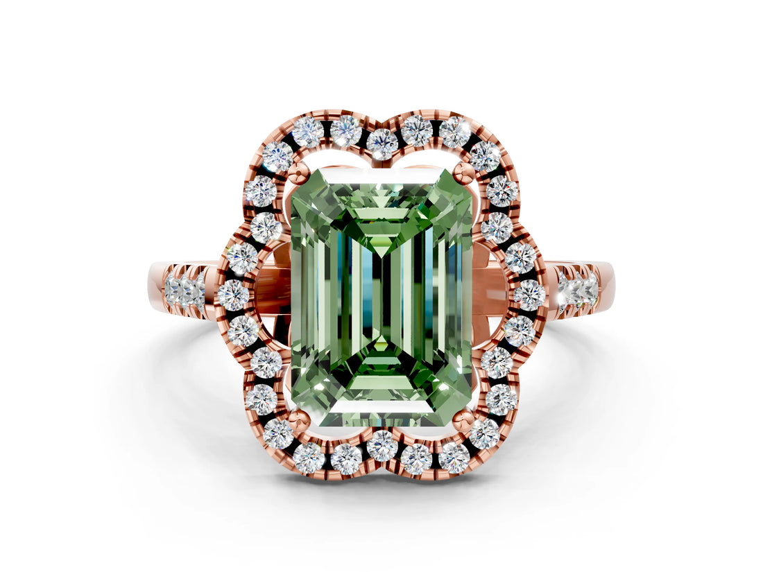Rose gold Fancy Green Emerald Cut Diamond Floral Halo Split Shank Prong Setting Ring