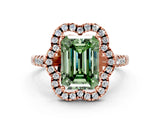 Rose gold Fancy Green Emerald Cut Diamond Floral Halo Split Shank Prong Setting Ring