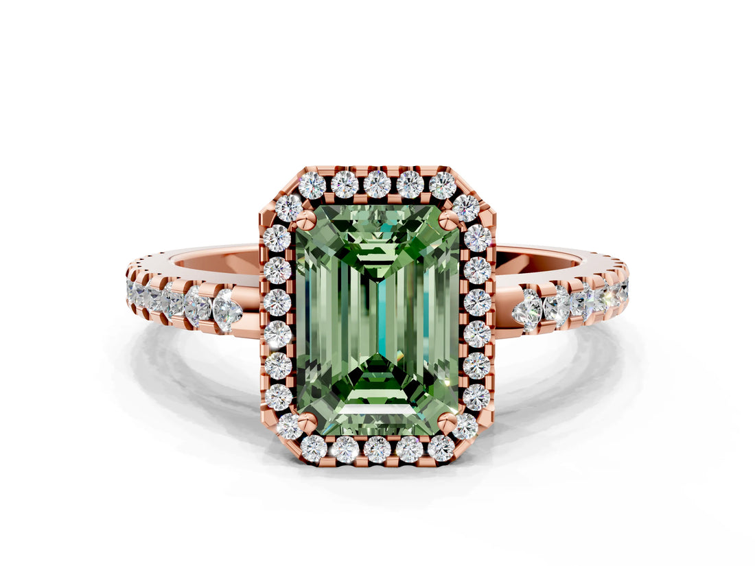 Rose gold Fancy Green Emerald Cut Diamond Halo Engagement Ring with Pavé Band and Prong Setting_27