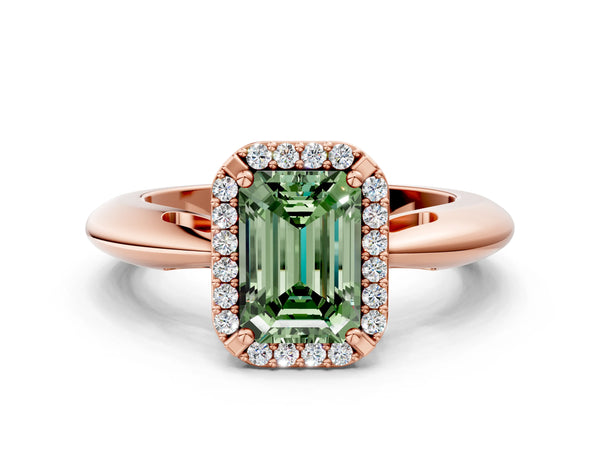 Rose gold Fancy Green Emerald  Cut Diamond Halo Engagement Ring with Split Shank and Four-Prong Setting