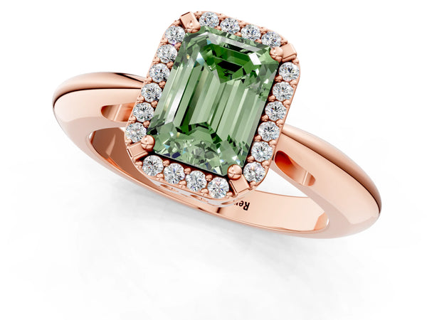Rose gold Fancy Green Emerald  Cut Diamond Halo Engagement Ring with Split Shank and Four-Prong Setting