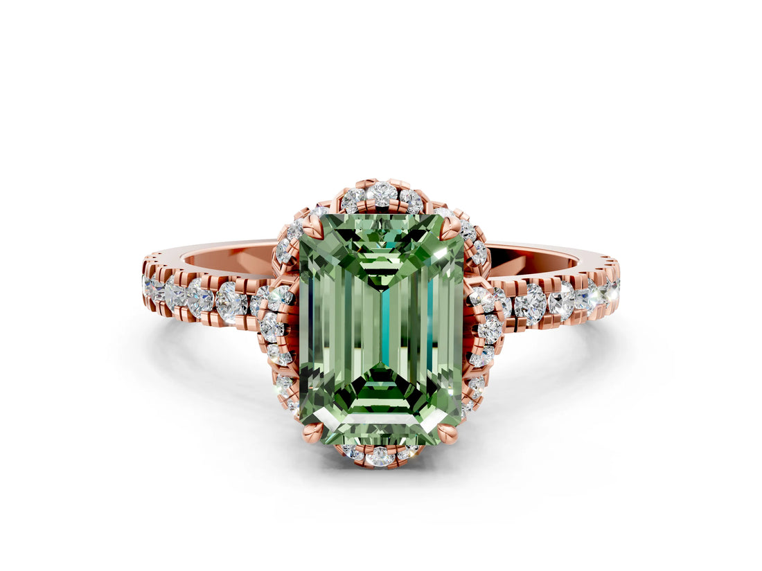 Rose gold Fancy Green Emerald Cut Diamond Halo Pave Band with Four-Prong Setting_3