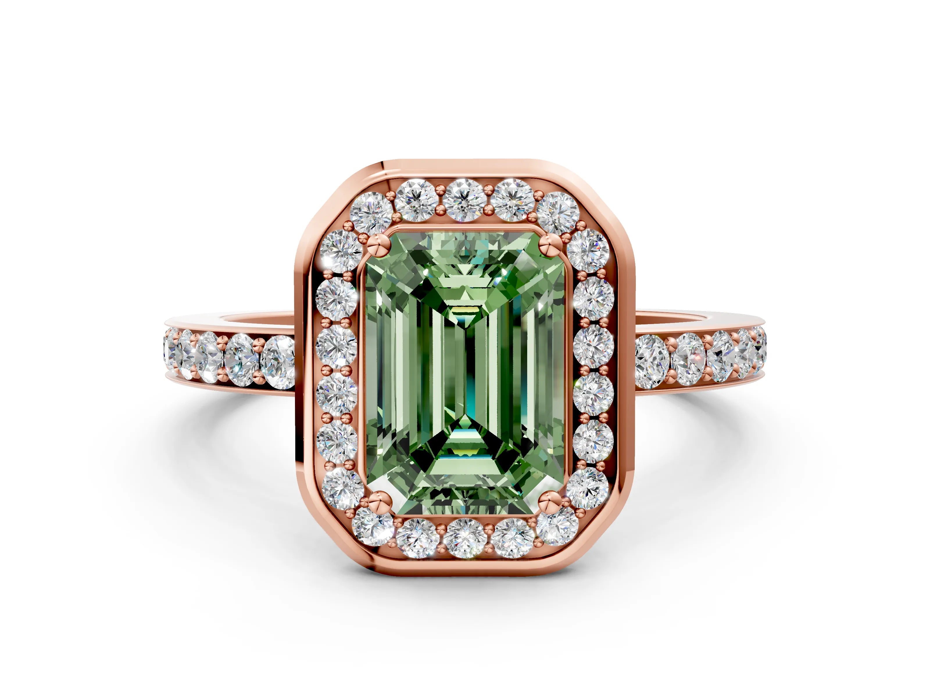Rose gold Fancy Green Emerald Cut Diamond Halo Ring with Bezel Frame and Pavé Band