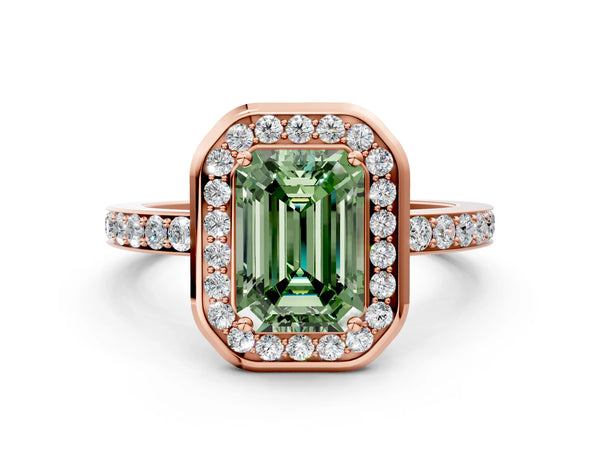 Rose Gold Emerald Cut Pave Bezel-Rim Halo Engagement Ring Setting for Fancy Green Center