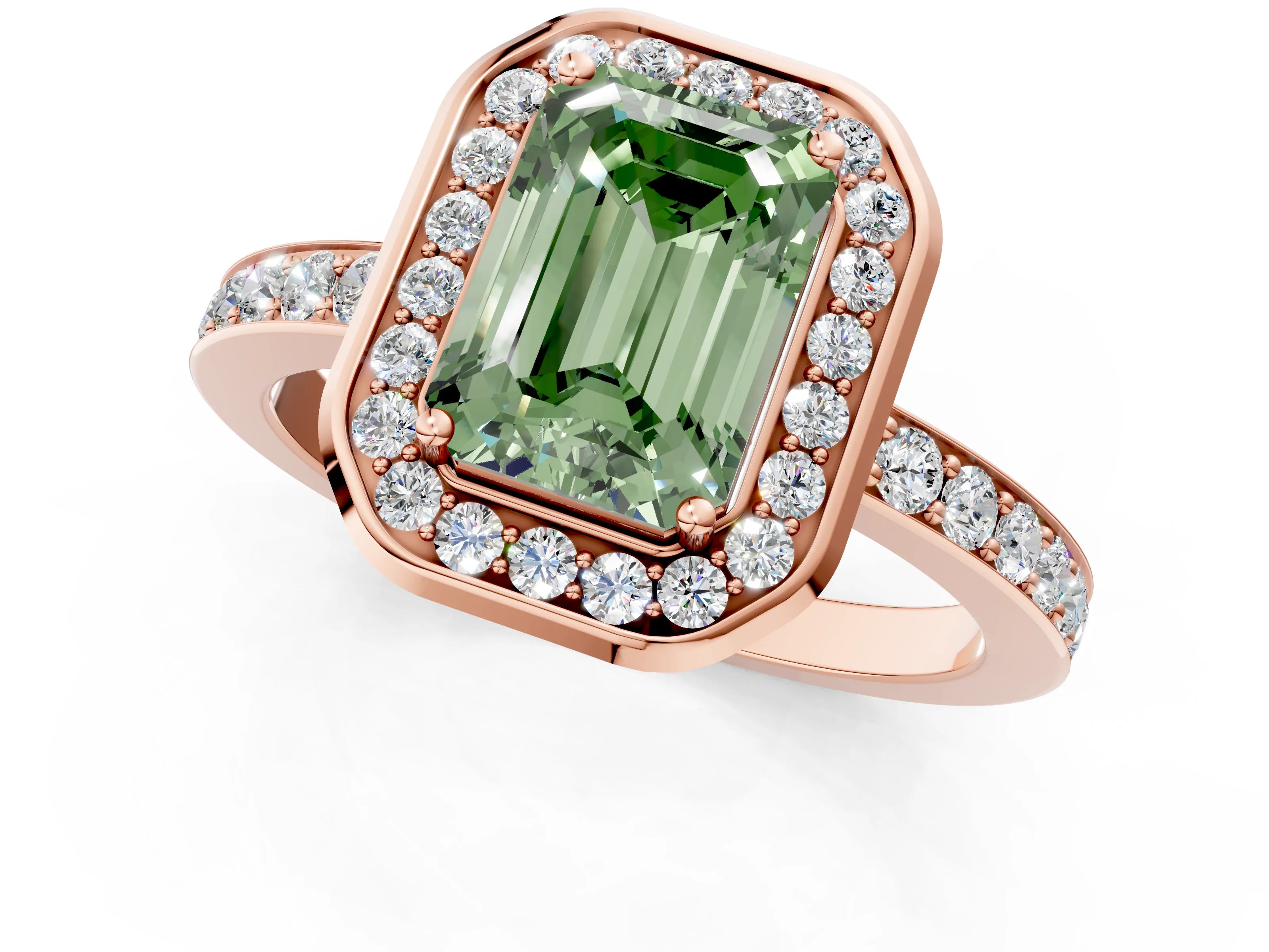 Rose gold Fancy Green Emerald Cut Diamond Halo Ring with Bezel Frame and Pavé Band_1