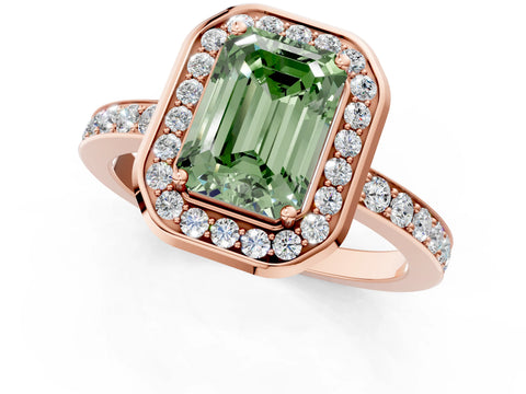 Rose gold Fancy Green Emerald Cut Diamond Halo Ring with Bezel Frame and Pavé Band_1