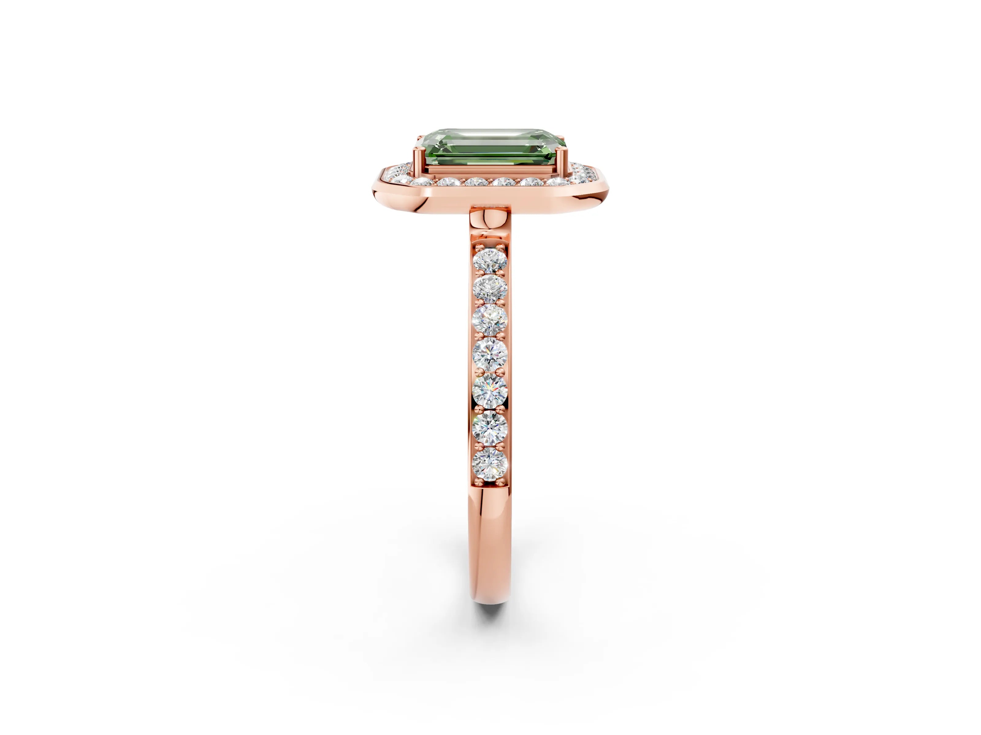 Rose gold Fancy Green Emerald Cut Diamond Halo Ring with Bezel Frame and Pavé Band_2