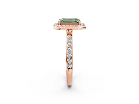 Rose gold Fancy Green Emerald Cut Diamond Halo Ring with Bezel Frame and Pavé Band_2