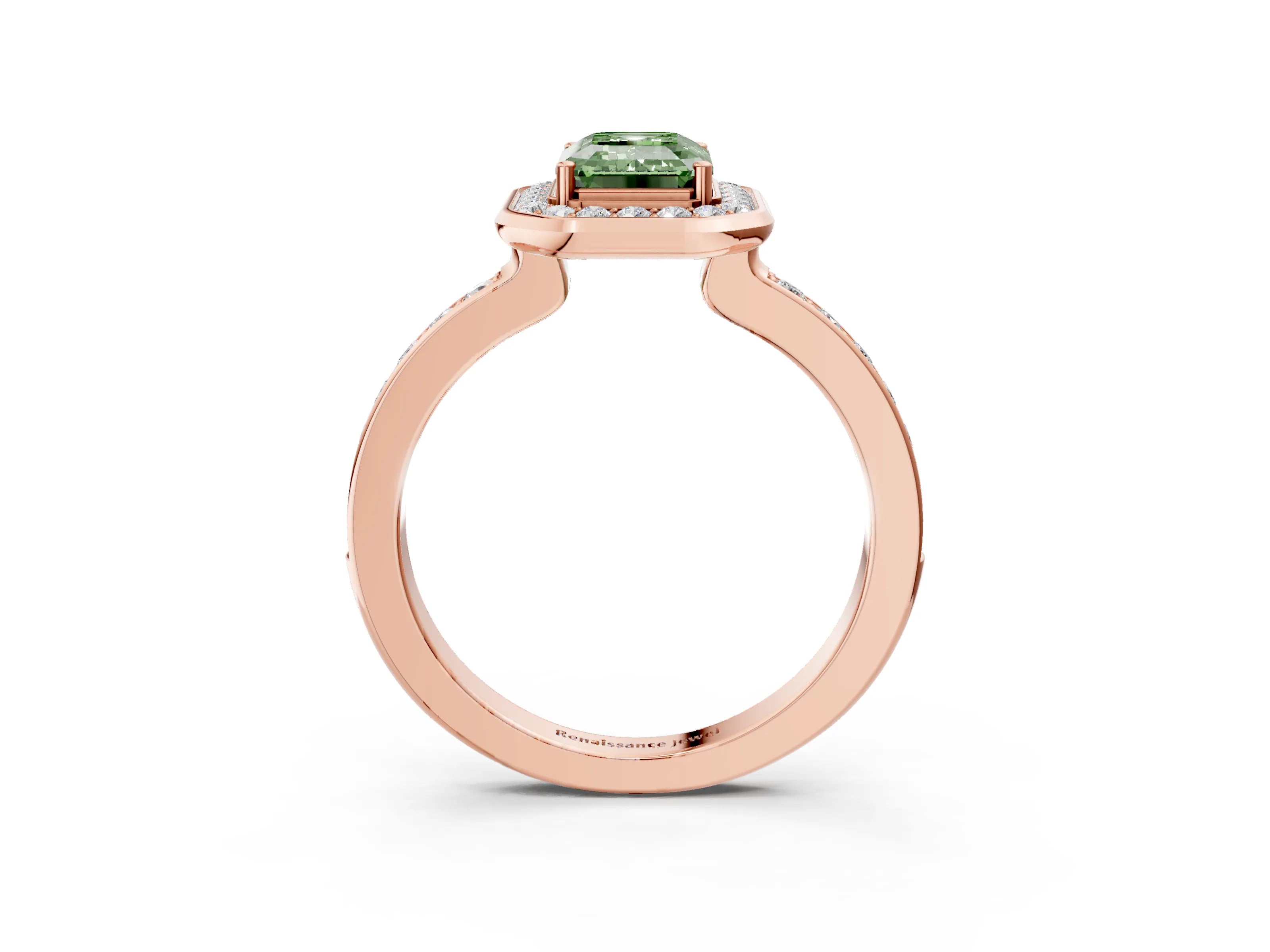 Rose gold Fancy Green Emerald Cut Diamond Halo Ring with Bezel Frame and Pavé Band_3