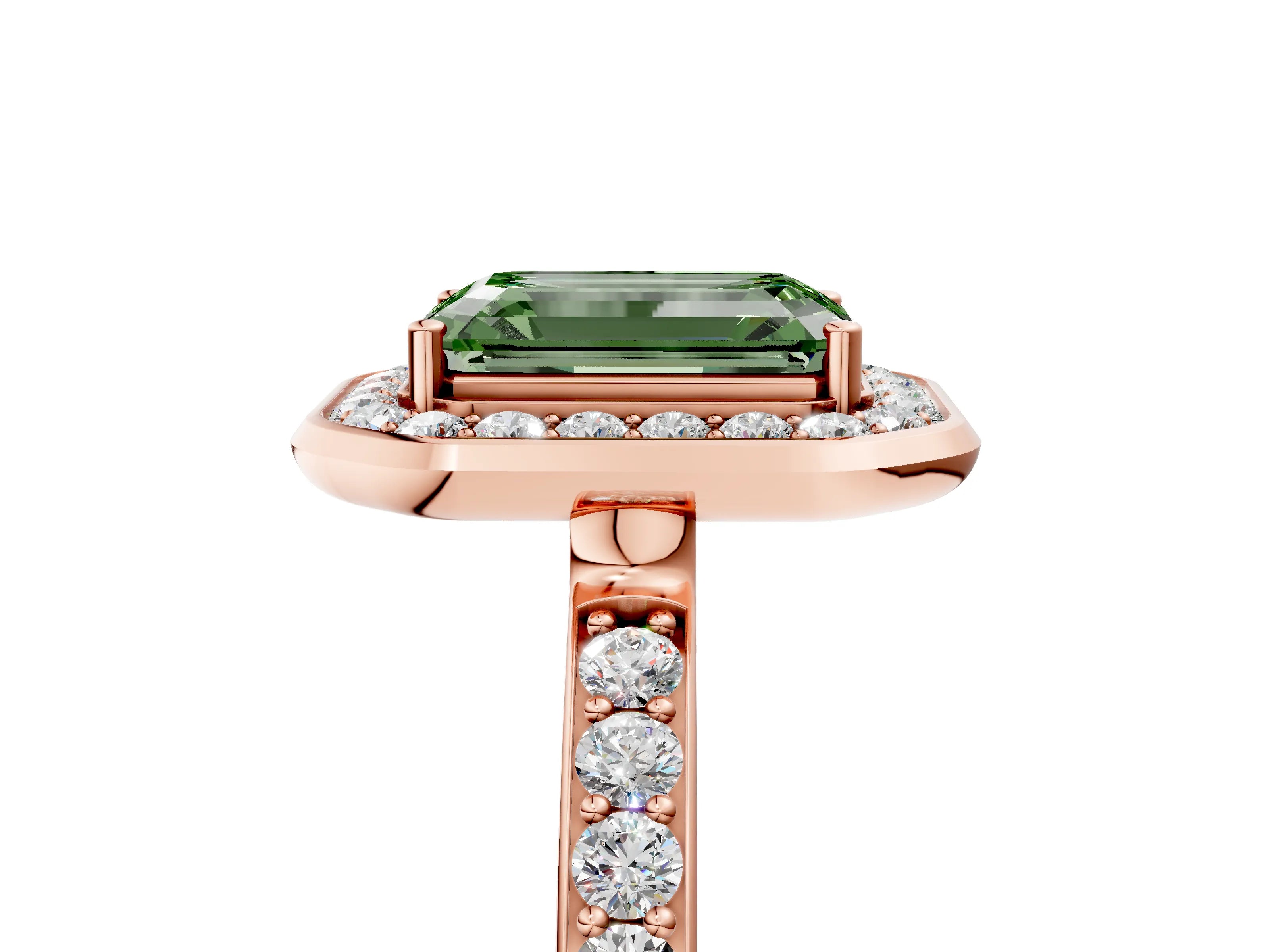 Rose gold Fancy Green Emerald Cut Diamond Halo Ring with Bezel Frame and Pavé Band_5