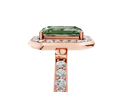 Rose gold Fancy Green Emerald Cut Diamond Halo Ring with Bezel Frame and Pavé Band_5