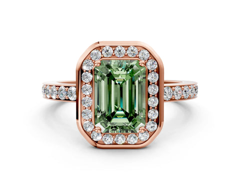 Rose gold Fancy Green Emerald Cut Diamond Halo Ring with Bezel Frame and Pavé Band