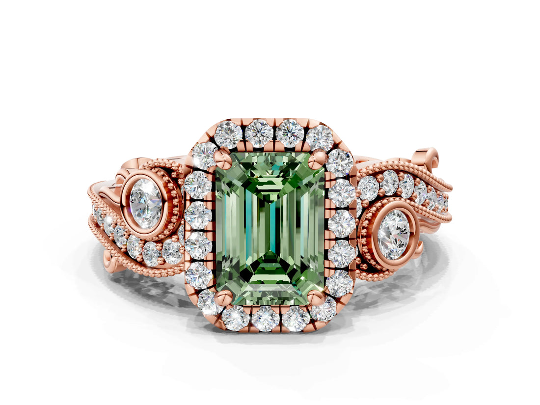 Rose gold Fancy Green Emerald Cut Diamond Halo Ring with Milgrain Pavé Band and Four-Prong Setting_37